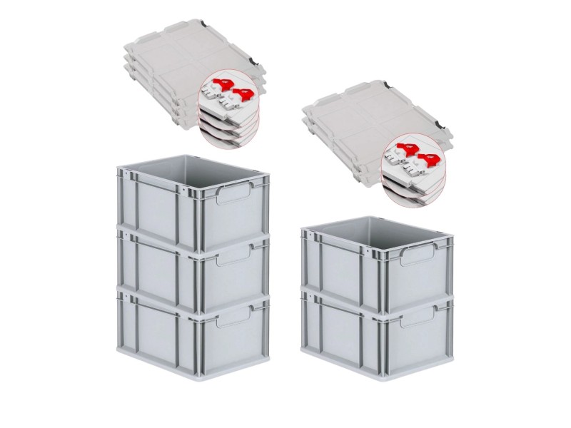 PROREGAL Spar Set 5x Eurobox Nextgen Economy Mit Scharnierdeckel & Roten Schiebeschnappverschlüssen Griffe Geschlossen HxBxT 22 x 30 x 40 cm 20 Liter