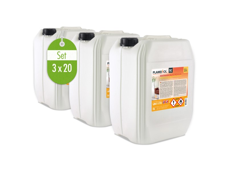 Flambiol Bioethanol 96,6% Premium für Ethanolkamin in Kanistern 3 x 20l