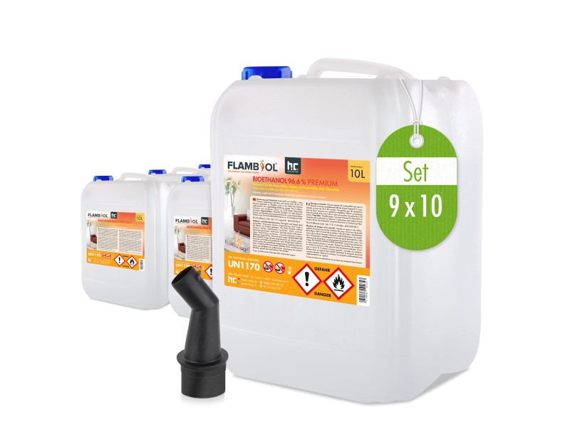 Flambiol Bioethanol 96,6% Premium für Ethanolkamin in Kanistern 9 x 10l
